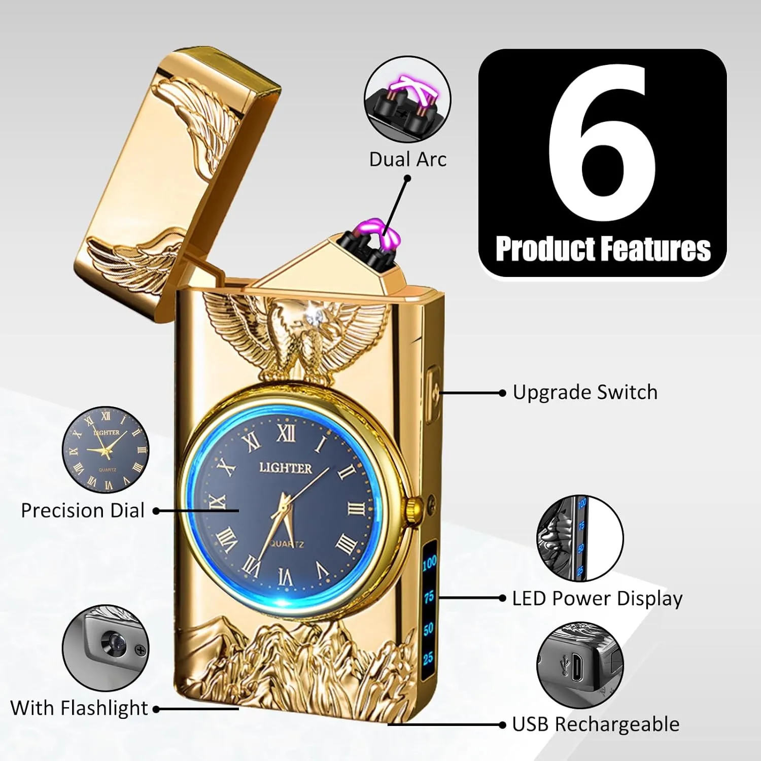 Electric Lighter with Plasma Arc, Windproof USB Rechargeable Lighter with Cool Design, Clock Dial, Flashlight, Power Display for Outdoor Daily Use, Gift for Men Women (Eagle, Gold)