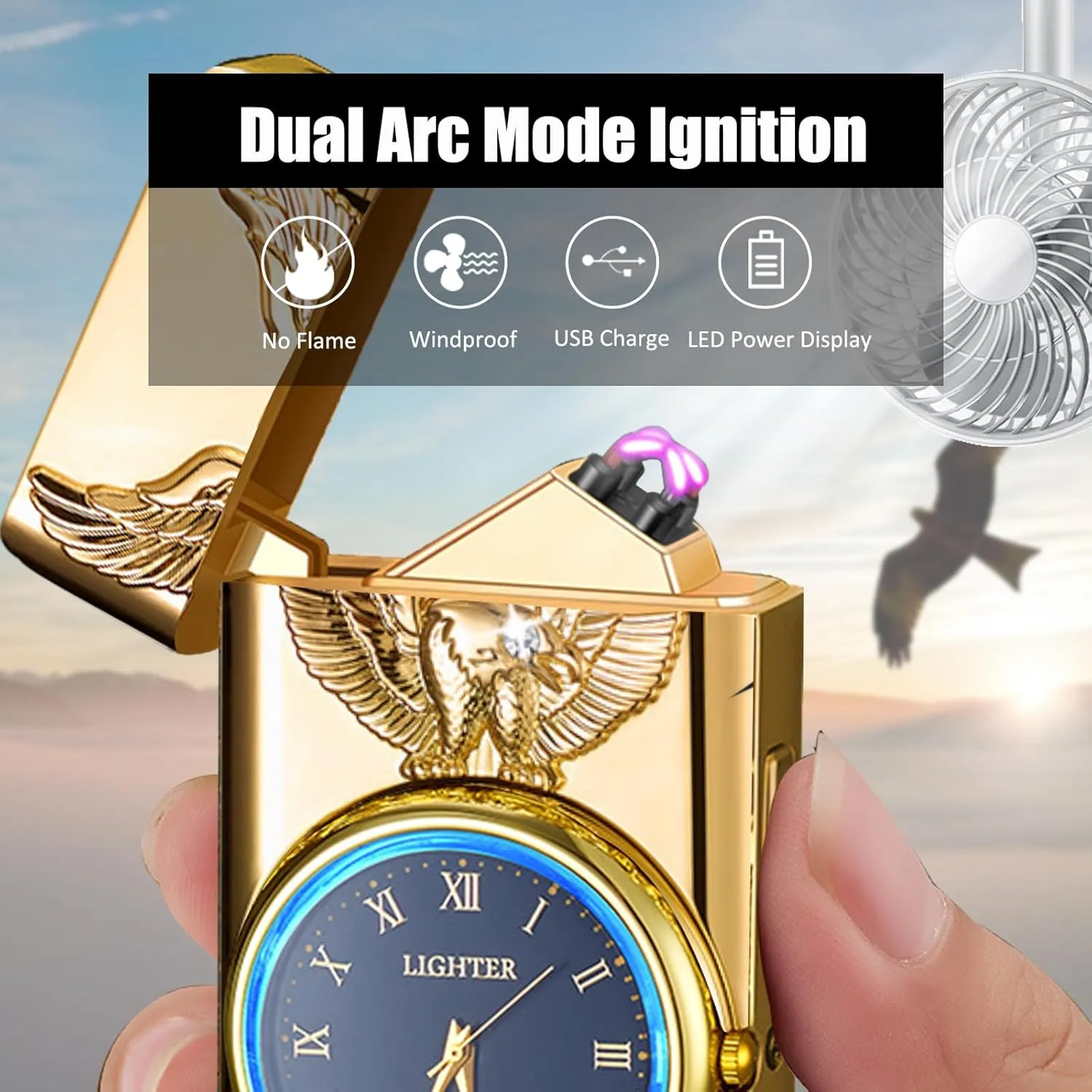 Electric Lighter with Plasma Arc, Windproof USB Rechargeable Lighter with Cool Design, Clock Dial, Flashlight, Power Display for Outdoor Daily Use, Gift for Men Women (Eagle, Gold)