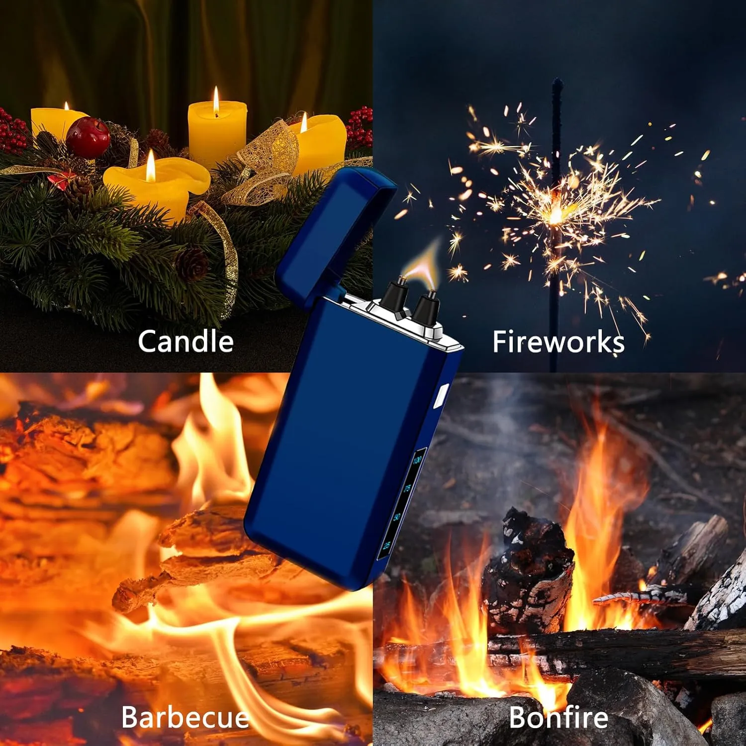 Electric Rechargeable Big Flame Arc Type-C Plasma Lighter Windproof Candle Cool Lighter with Smart Chip for Camping, Adventure (Blue)