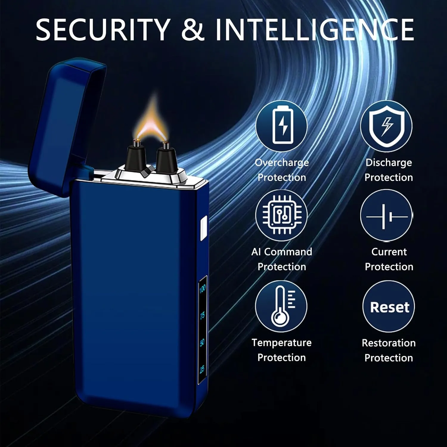 Electric Rechargeable Big Flame Arc Type-C Plasma Lighter Windproof Candle Cool Lighter with Smart Chip for Camping, Adventure (Blue)