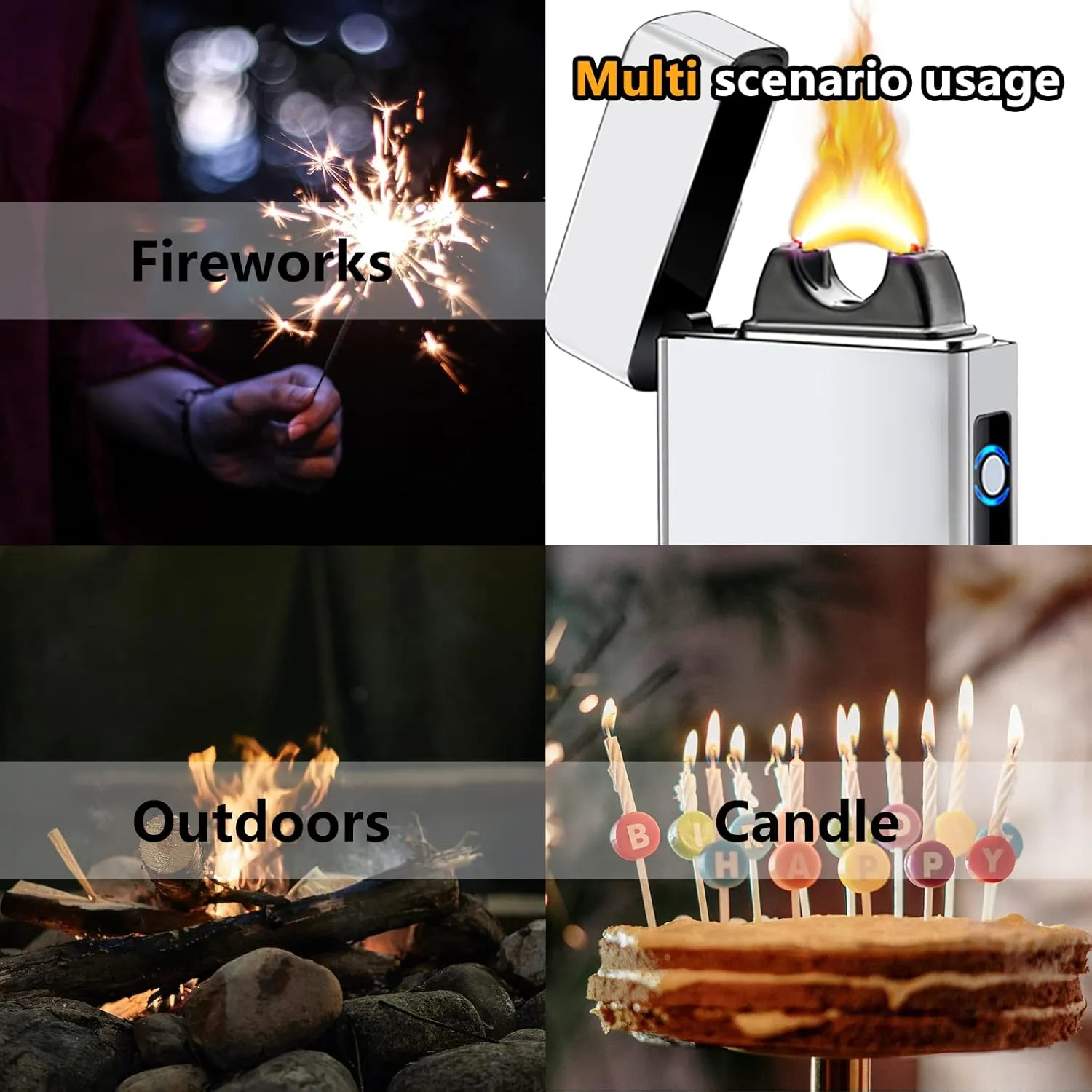 Electric Windproof Lighter, Pulsed Flame Plasma-Flame Arc Lighter - Rechargeable USB with Battery Indicator (Silver)