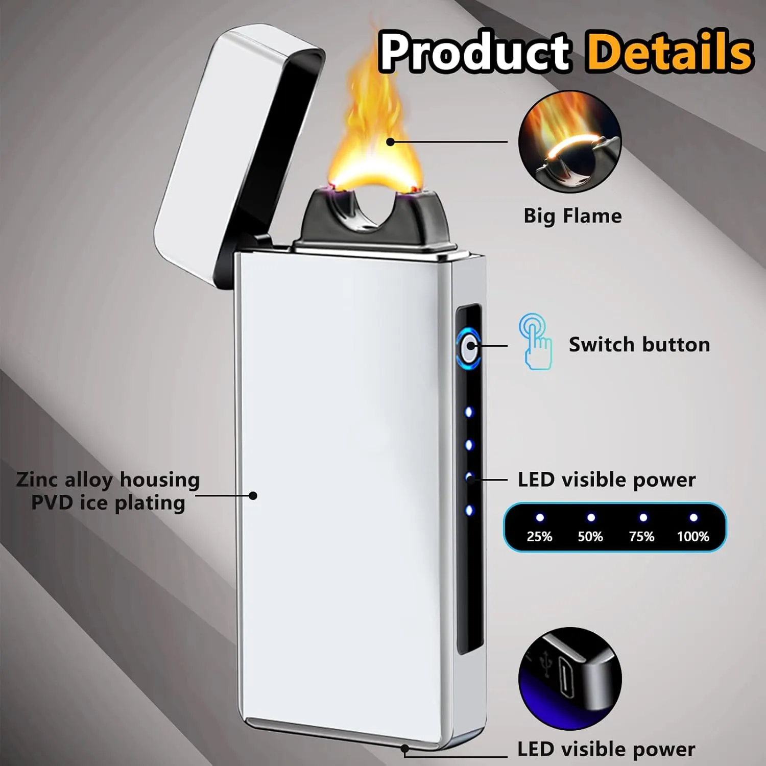 Electric Windproof Lighter, Pulsed Flame Plasma-Flame Arc Lighter - Rechargeable USB with Battery Indicator (Silver)