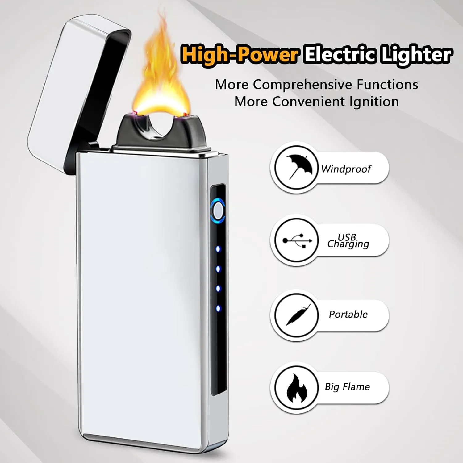Electric Windproof Lighter, Pulsed Flame Plasma-Flame Arc Lighter - Rechargeable USB with Battery Indicator (Silver)