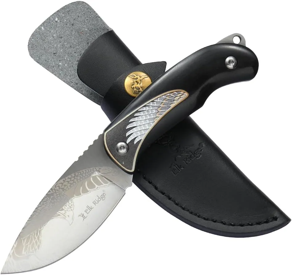 Elk Ridge Fixed Blade Hunting Knife, 7 Inch Overall Length, 3.3 Inch Drop Point Blade, Black Wood Handle, Leather Sheath, Surivival, Camping
