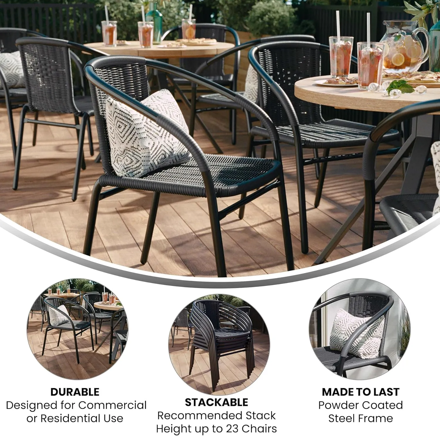 EMMA   OLIVER 4 Pack Gray Rattan Indoor-Outdoor Restaurant Stack Chair with Curved Back