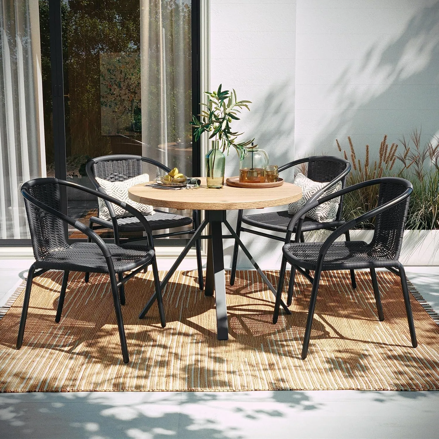 EMMA   OLIVER 4 Pack Gray Rattan Indoor-Outdoor Restaurant Stack Chair with Curved Back