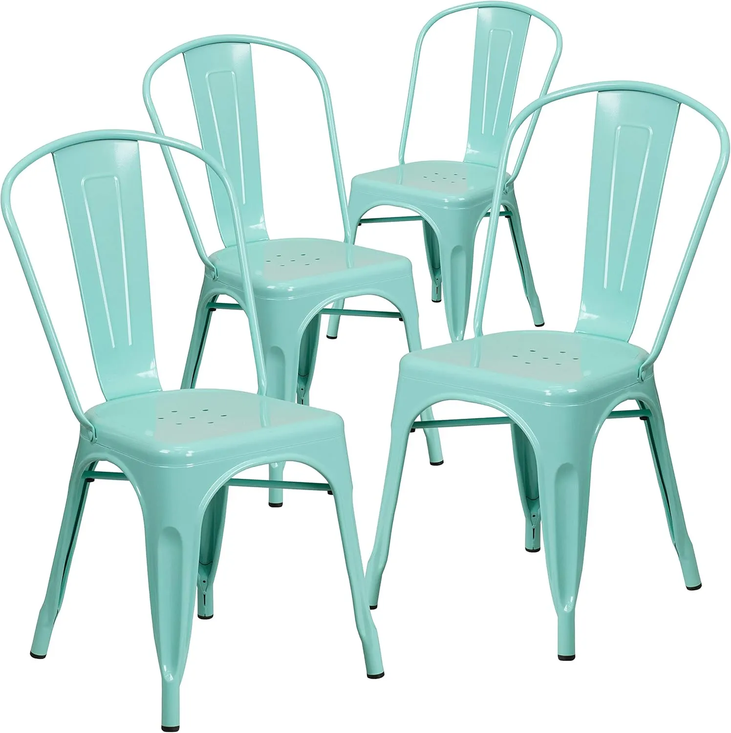 EMMA   OLIVER 4 Pack Mint Green Metal Indoor-Outdoor Stack Chair - Kitchen Furniture - Cafe Chair