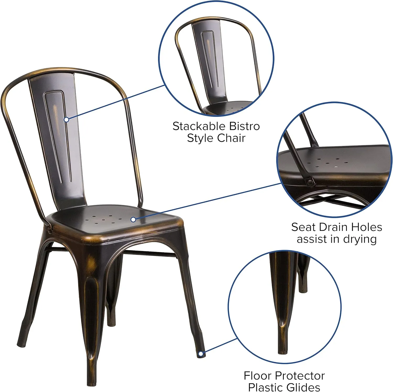 EMMA   OLIVER Commercial Grade Distressed Copper Metal Indoor-Outdoor Stackable Chair