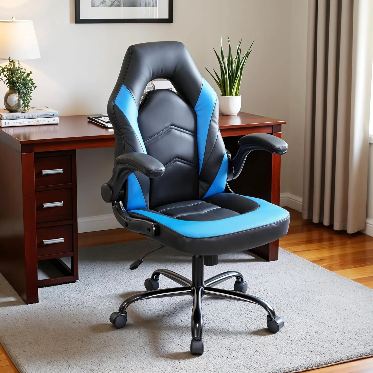Ergonomic Gaming Chair with Adjustable PU Leather Seat, Flip-Up Armrests, and Swivel Design, Perfect for Home Office, Gaming, or Entertainment – Ideal for Adults, Kids, and Gamers, Black/Blue
