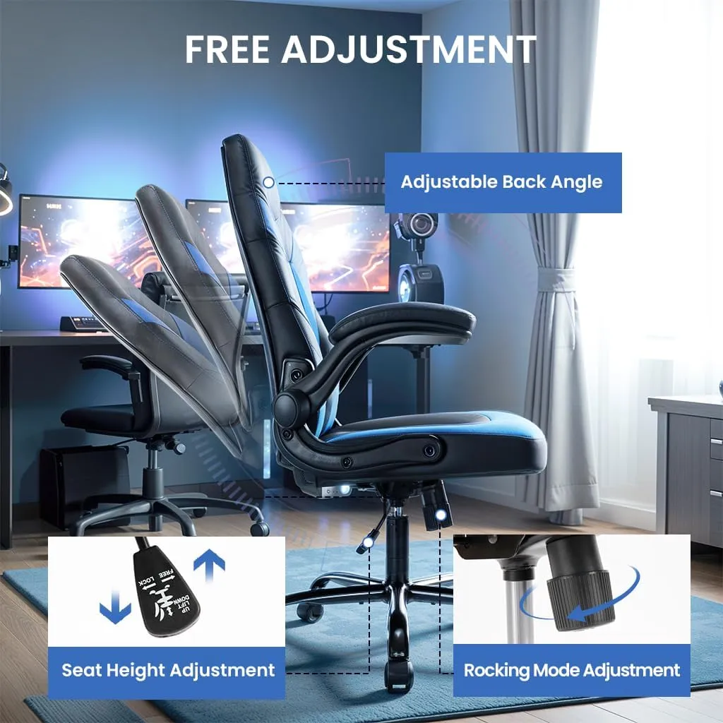 Ergonomic Gaming Chair with Adjustable PU Leather Seat, Flip-Up Armrests, and Swivel Design, Perfect for Home Office, Gaming, or Entertainment – Ideal for Adults, Kids, and Gamers, Black/Blue
