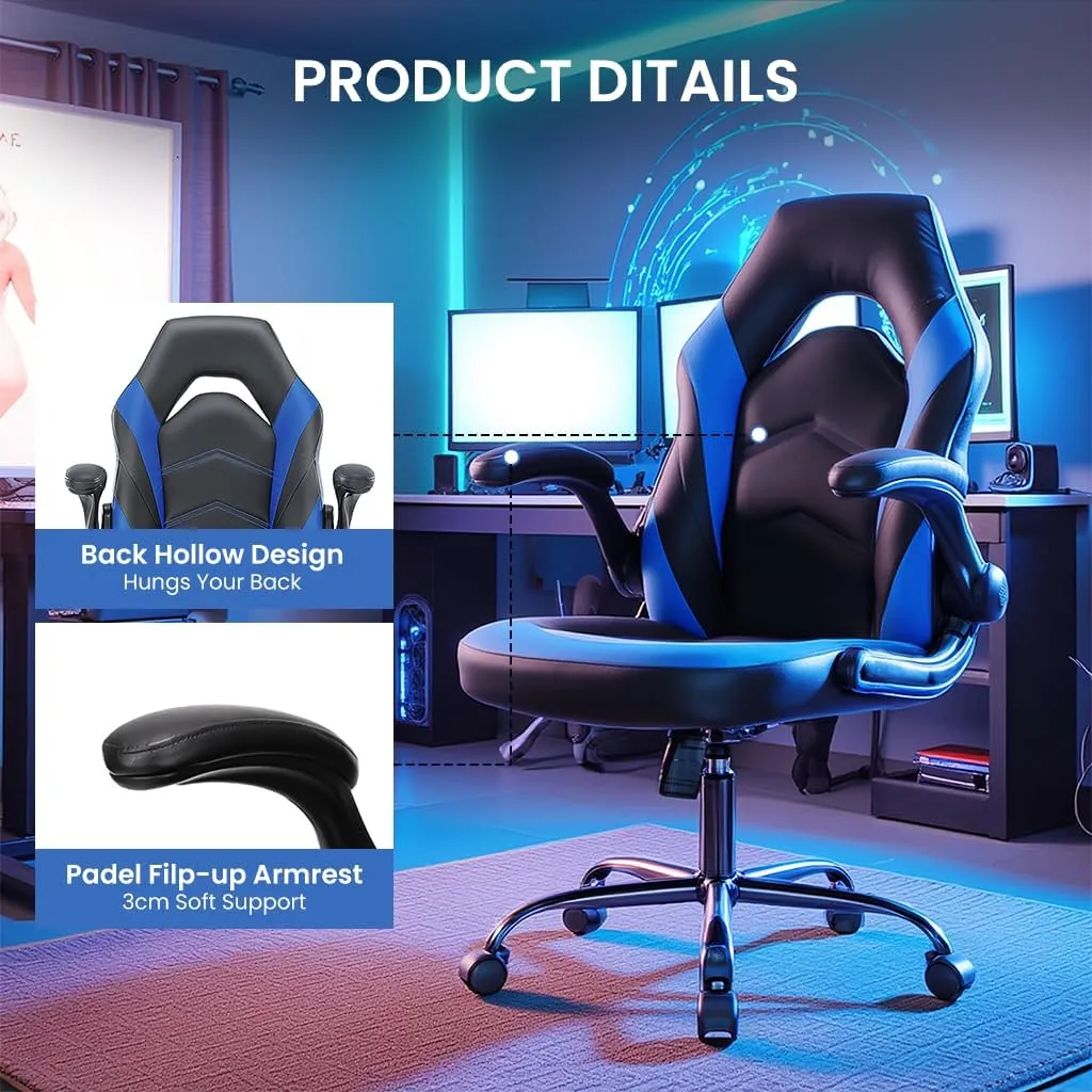 Ergonomic Gaming Chair with Adjustable PU Leather Seat, Flip-Up Armrests, and Swivel Design, Perfect for Home Office, Gaming, or Entertainment – Ideal for Adults, Kids, and Gamers, Black/Blue