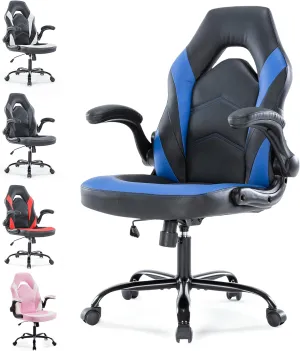 Ergonomic Gaming Chair with Adjustable PU Leather Seat, Flip-Up Armrests, and Swivel Design, Perfect for Home Office, Gaming, or Entertainment – Ideal for Adults, Kids, and Gamers, Black/Blue