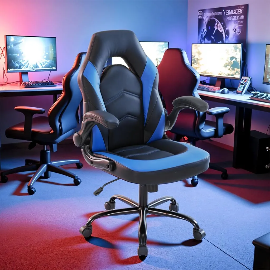 Ergonomic Gaming Chair with Adjustable PU Leather Seat, Flip-Up Armrests, and Swivel Design, Perfect for Home Office, Gaming, or Entertainment – Ideal for Adults, Kids, and Gamers, Black/Blue