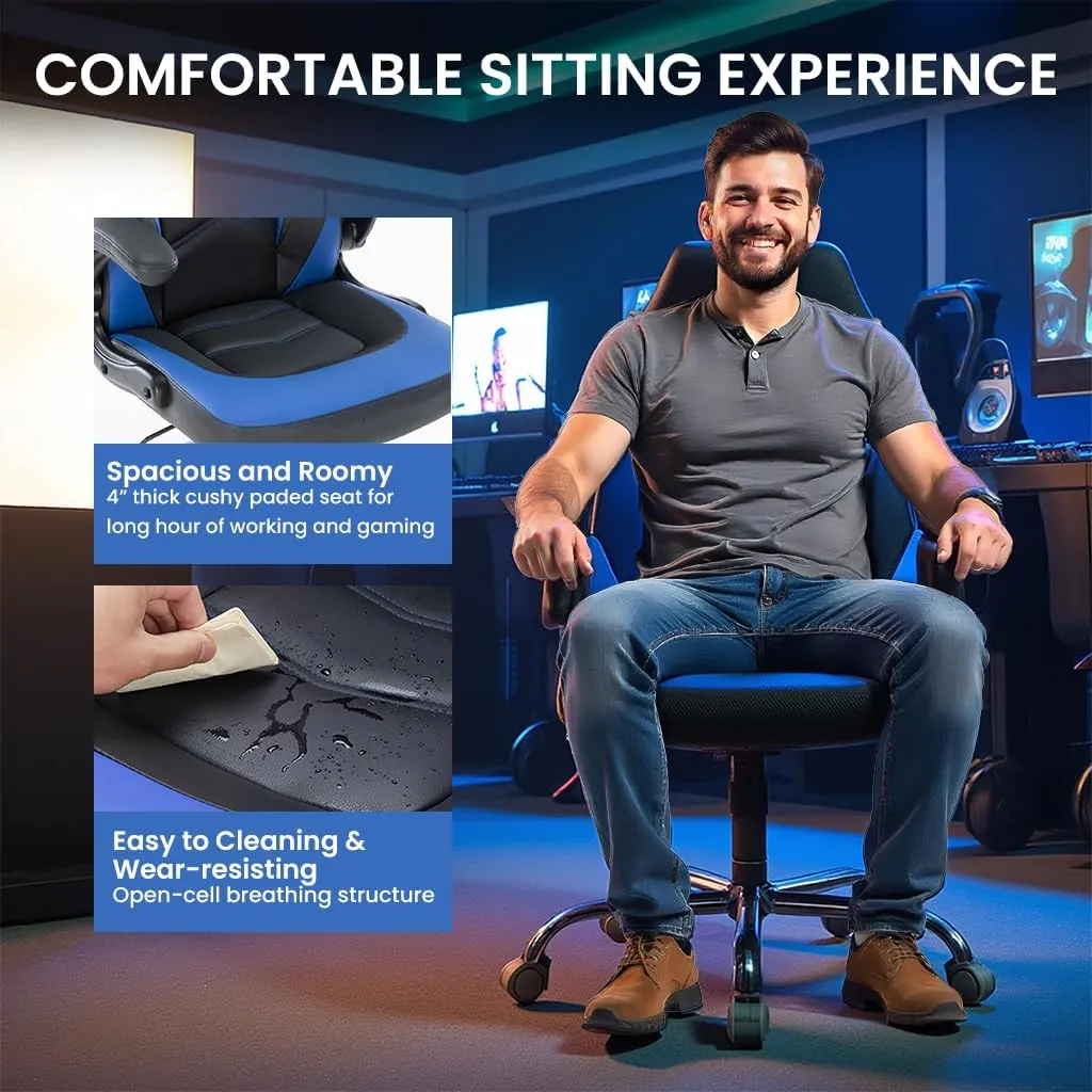 Ergonomic Gaming Chair with Adjustable PU Leather Seat, Flip-Up Armrests, and Swivel Design, Perfect for Home Office, Gaming, or Entertainment – Ideal for Adults, Kids, and Gamers, Black/Blue