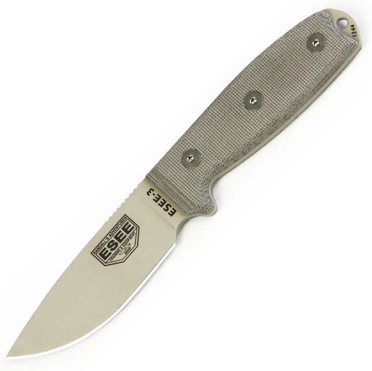 ESEE -3 Plain Edge Blades & Micarta Handles with OD Green Molle Sheath, Desert Tan