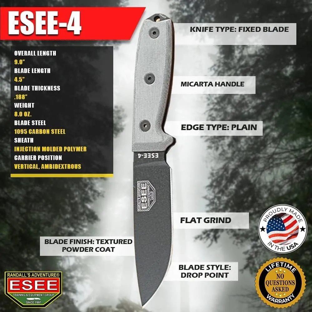 ESEE 4P Survival Knife - Field Tested Fixed Blade Knife with Molded Polymer Sheath & Clip Plate, Full Tang, Plain Edge - Durable Outdoor Camping Blade with Sheath for Survival