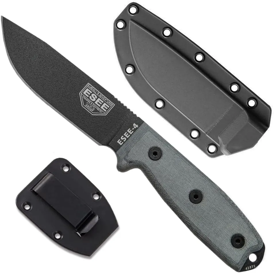 ESEE 4P Survival Knife - Field Tested Fixed Blade Knife with Molded Polymer Sheath & Clip Plate, Full Tang, Plain Edge - Durable Outdoor Camping Blade with Sheath for Survival