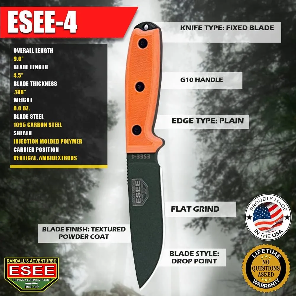ESEE 4P Survival Knife - Field Tested Fixed Blade Knife with Molded Polymer Sheath & Clip Plate, Full Tang, Plain Edge - Durable Outdoor Camping Blade with Sheath for Survival