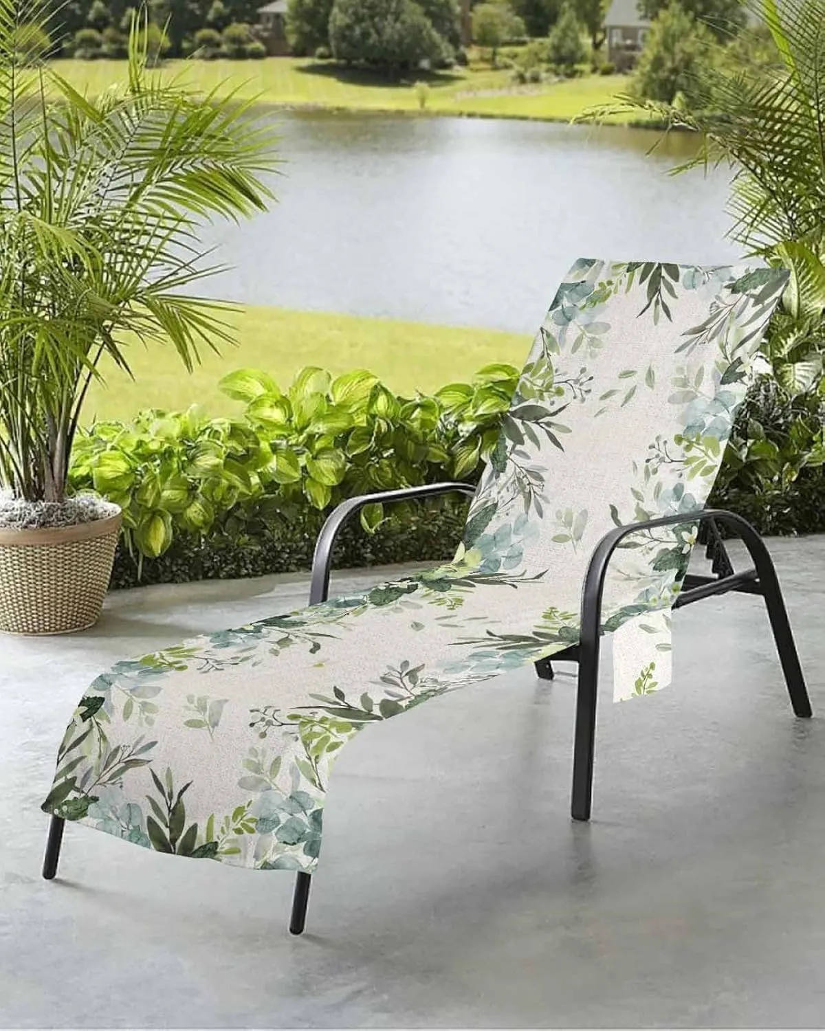 Eucalyptus Leaves Chaise Lounger Cover with Pockets, Pool Lounge Chair Covers 85"x29", Spring Green Watercolor Burlap Rustic Microfiber Beach Chair Cover for Outdoor Patio Sunbathing