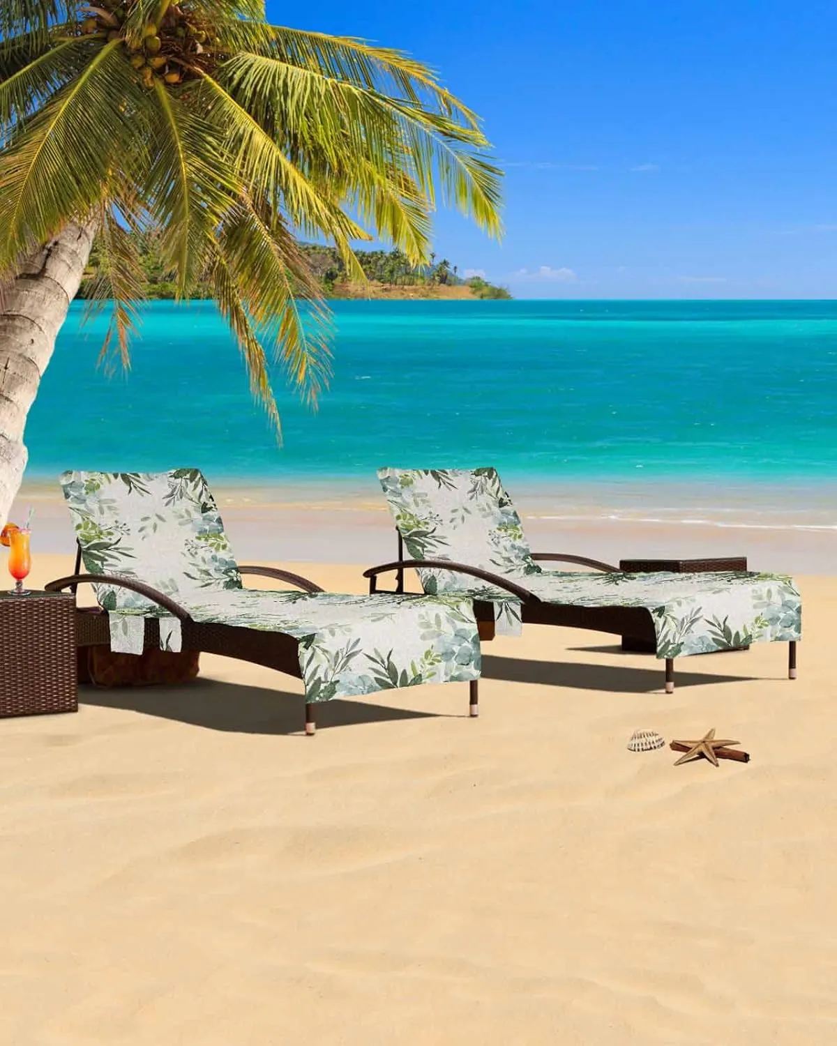 Eucalyptus Leaves Chaise Lounger Cover with Pockets, Pool Lounge Chair Covers 85"x29", Spring Green Watercolor Burlap Rustic Microfiber Beach Chair Cover for Outdoor Patio Sunbathing