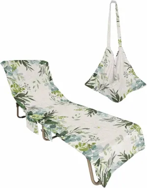 Eucalyptus Leaves Chaise Lounger Cover with Pockets, Pool Lounge Chair Covers 85"x29", Spring Green Watercolor Burlap Rustic Microfiber Beach Chair Cover for Outdoor Patio Sunbathing