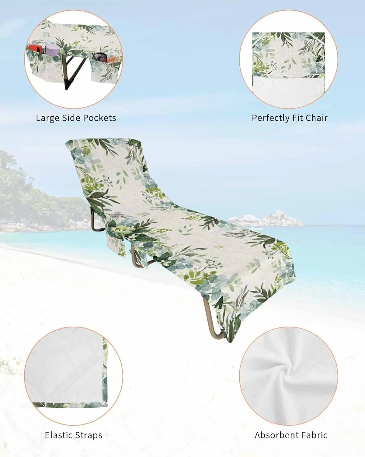 Eucalyptus Leaves Chaise Lounger Cover with Pockets, Pool Lounge Chair Covers 85"x29", Spring Green Watercolor Burlap Rustic Microfiber Beach Chair Cover for Outdoor Patio Sunbathing