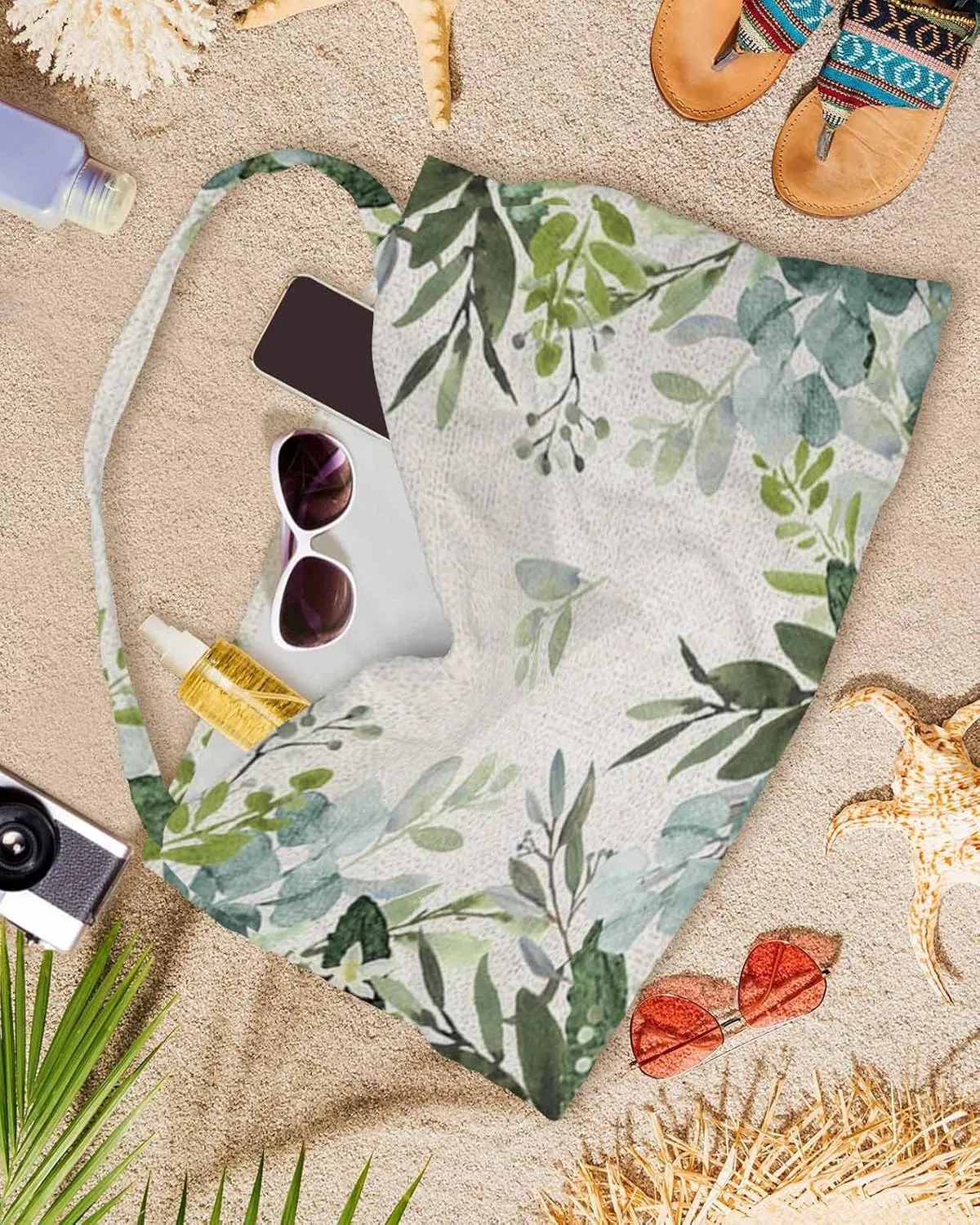 Eucalyptus Leaves Chaise Lounger Cover with Pockets, Pool Lounge Chair Covers 85"x29", Spring Green Watercolor Burlap Rustic Microfiber Beach Chair Cover for Outdoor Patio Sunbathing