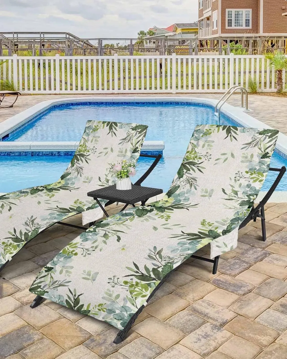 Eucalyptus Leaves Chaise Lounger Cover with Pockets, Pool Lounge Chair Covers 85"x29", Spring Green Watercolor Burlap Rustic Microfiber Beach Chair Cover for Outdoor Patio Sunbathing