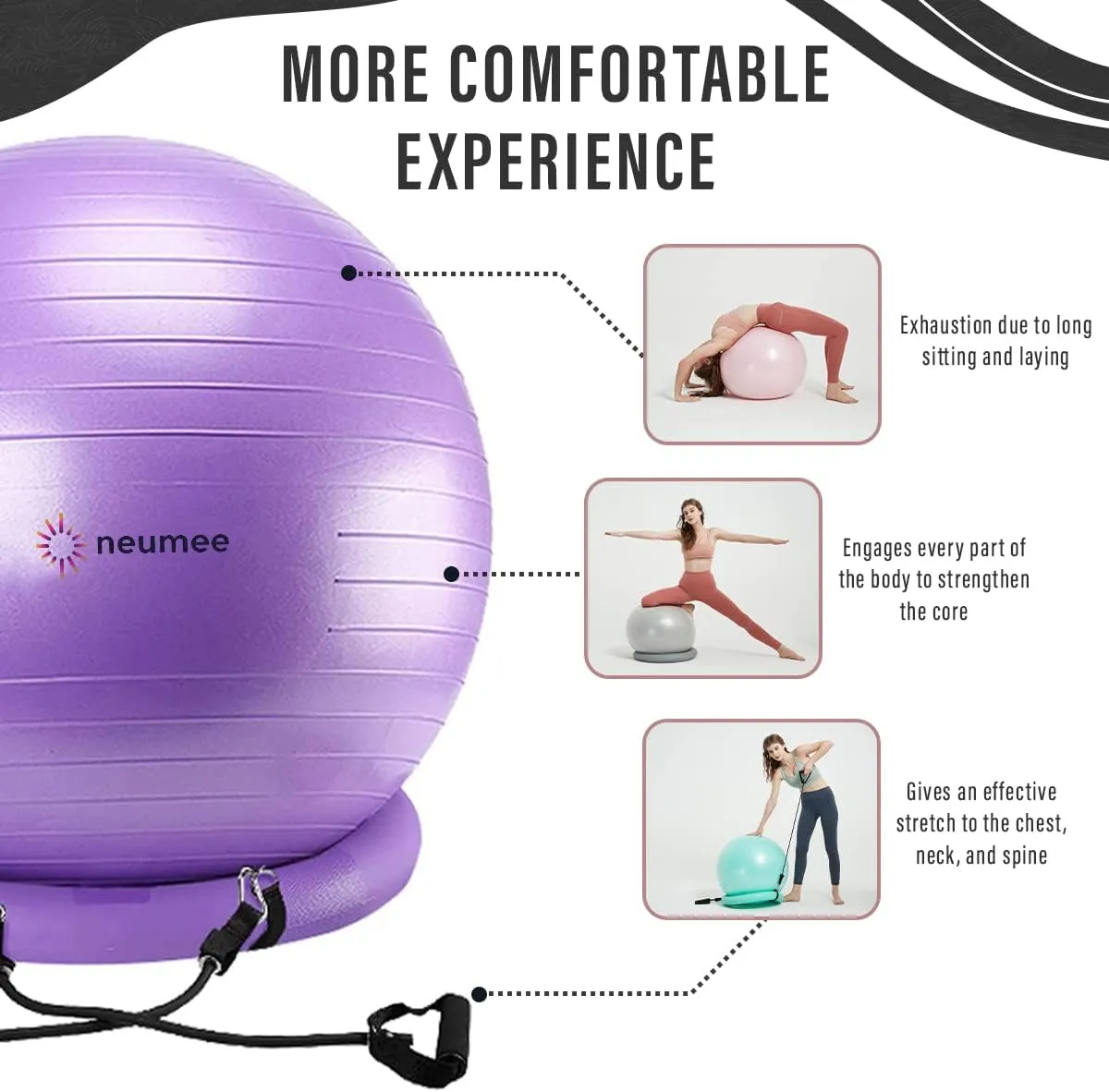 Exercise Ball Chair with Resistance Bands, Yoga Ball Office Chair with Stability Base for Home Gym, Workout Ball for Fitness, Large Size 65 cm