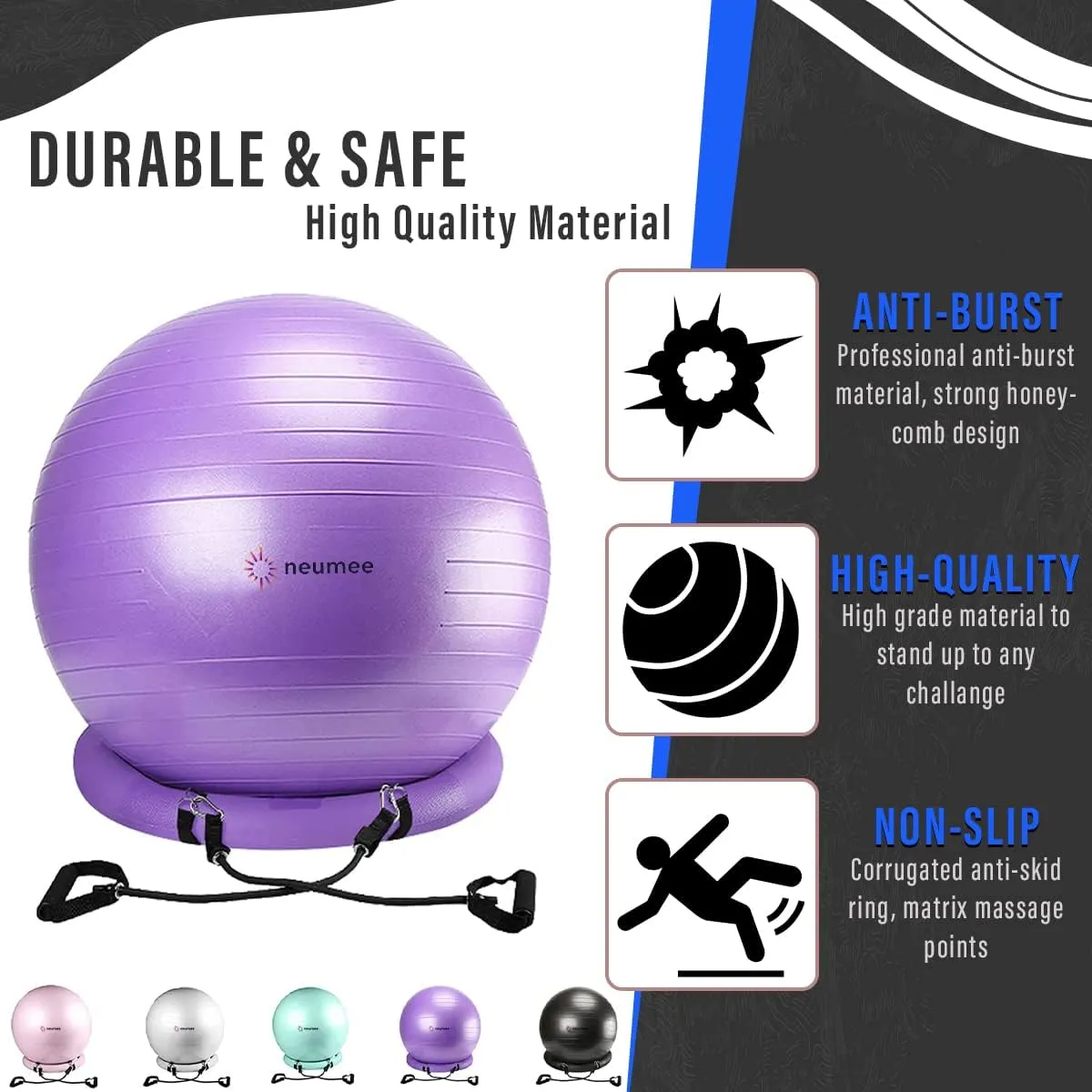 Exercise Ball Chair with Resistance Bands, Yoga Ball Office Chair with Stability Base for Home Gym, Workout Ball for Fitness, Large Size 65 cm