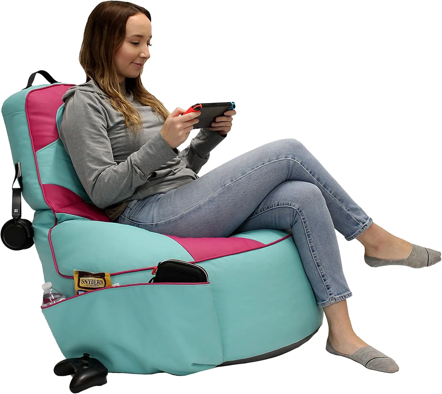Factory Direct Partners 13928-306 SoftScape Floor Gaming Bean Bag Chair, Filled with Shape-Retaining Foam Beads - Turquoise/Raspberry