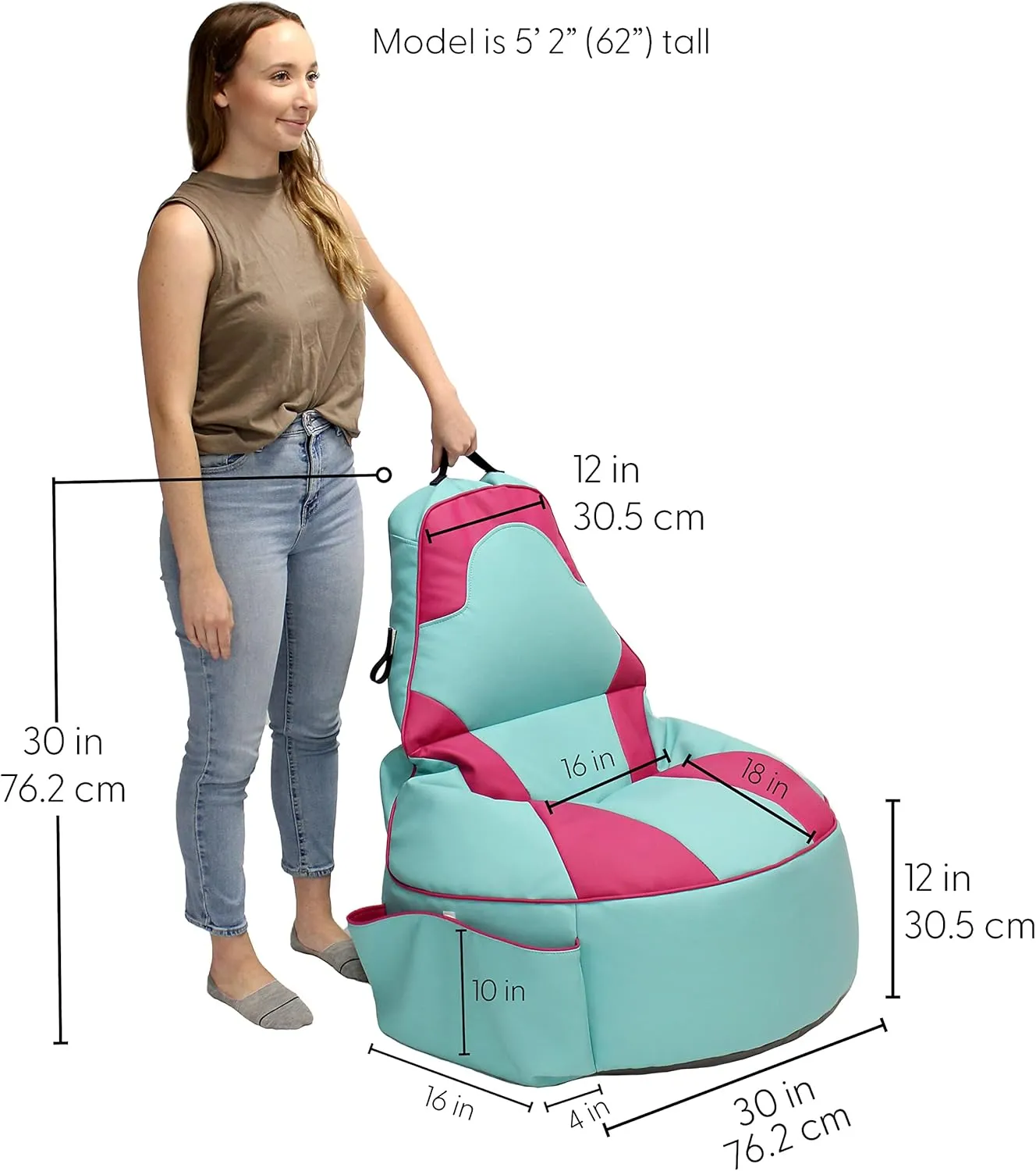 Factory Direct Partners 13928-306 SoftScape Floor Gaming Bean Bag Chair, Filled with Shape-Retaining Foam Beads - Turquoise/Raspberry