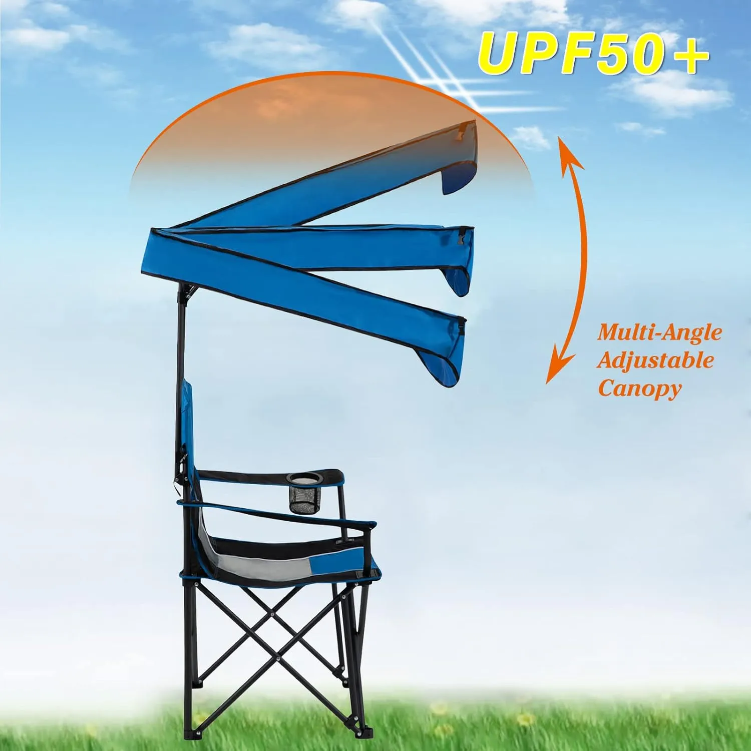 FAIR WIND Oversized Camping Lounge Chair with Adjustable Shade Canopy for Outdoor Sports - Support 350 LBS Heavy Duty Fold Quad Chair Arm Chair