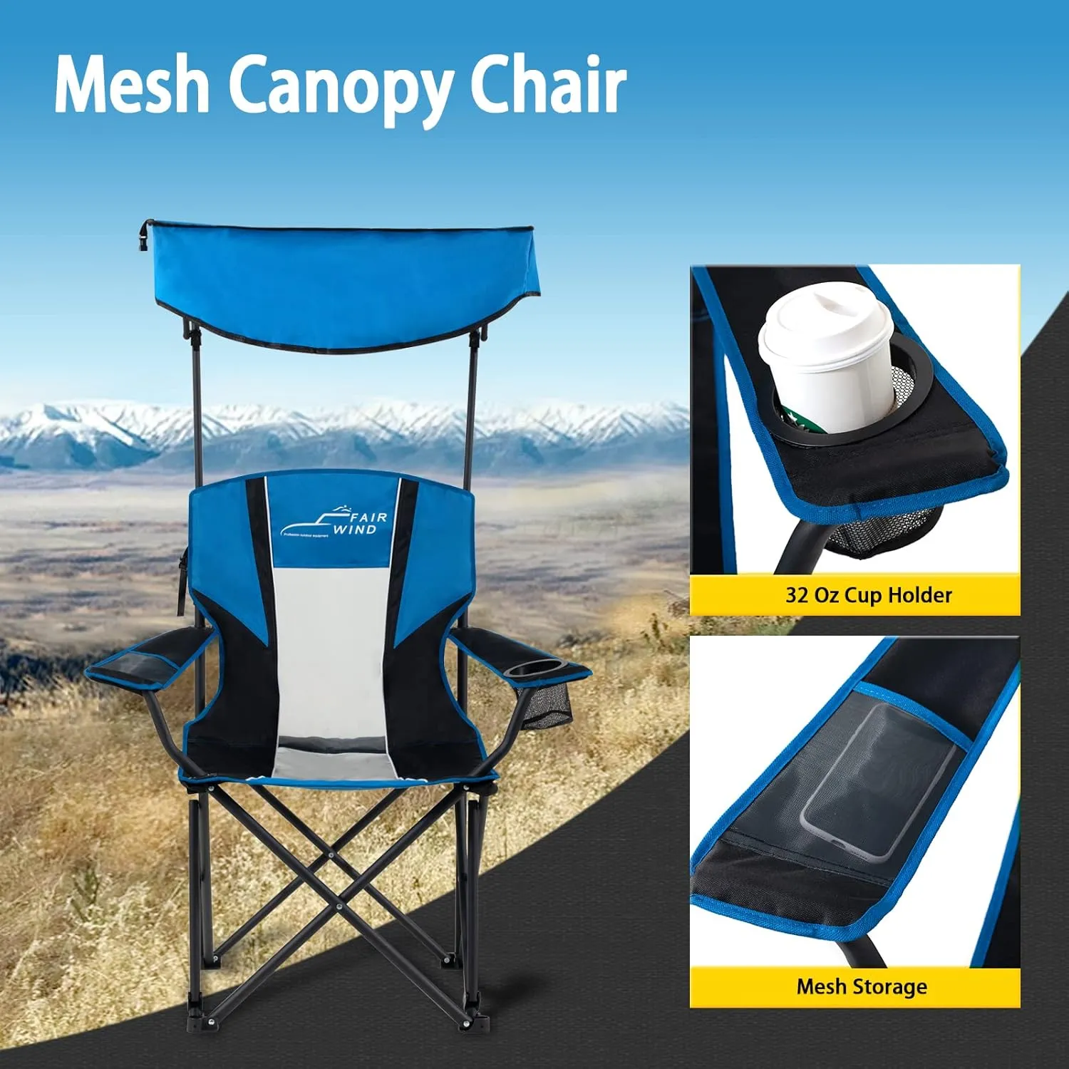 FAIR WIND Oversized Camping Lounge Chair with Adjustable Shade Canopy for Outdoor Sports - Support 350 LBS Heavy Duty Fold Quad Chair Arm Chair