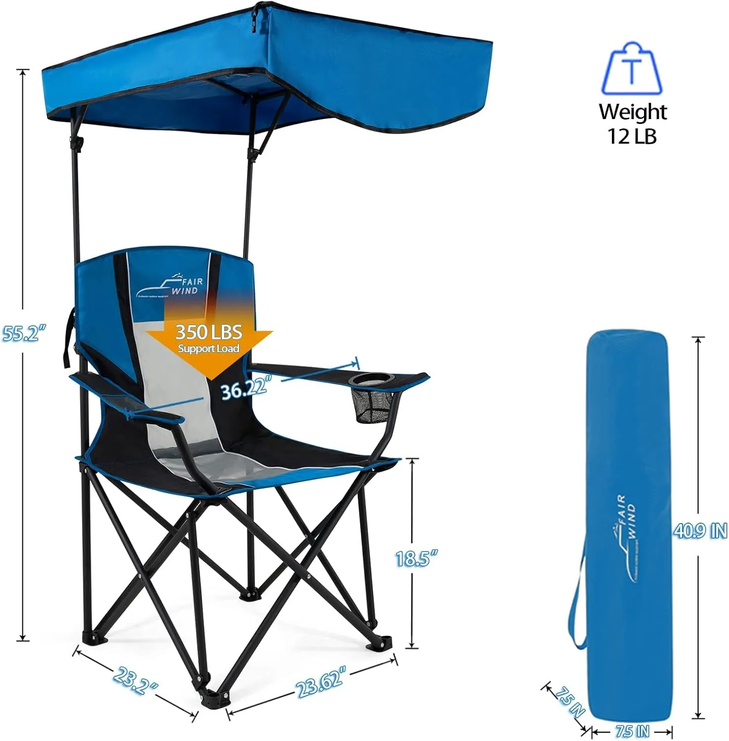 FAIR WIND Oversized Camping Lounge Chair with Adjustable Shade Canopy for Outdoor Sports - Support 350 LBS Heavy Duty Fold Quad Chair Arm Chair