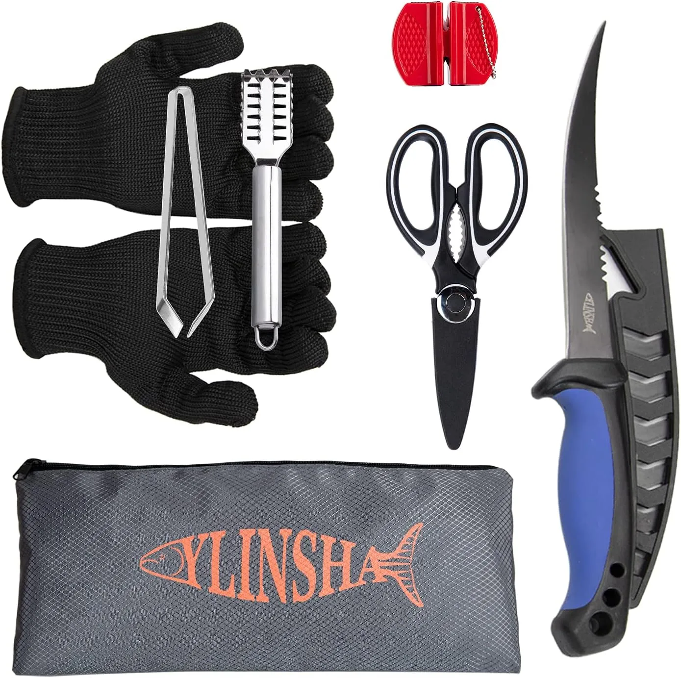 Fishing Knife,Fish Cleaning Kit 7 PC set Fish Knife, Fish Scale Cleaning Brush, multi-functional Scissors, anti-cutting Gloves, Fishbone Tweezers, storage Bag
