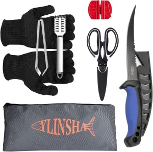 Fishing Knife,Fish Cleaning Kit 7 PC set Fish Knife, Fish Scale Cleaning Brush, multi-functional Scissors, anti-cutting Gloves, Fishbone Tweezers, storage Bag