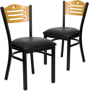 Flash Furniture 2 Pack HERCULES Series Black Slat Back Metal Restaurant Chair - Natural Wood Back, Black Vinyl Seat