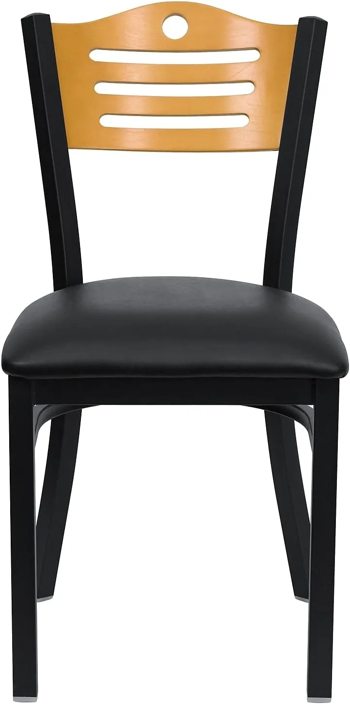 Flash Furniture 2 Pack HERCULES Series Black Slat Back Metal Restaurant Chair - Natural Wood Back, Black Vinyl Seat