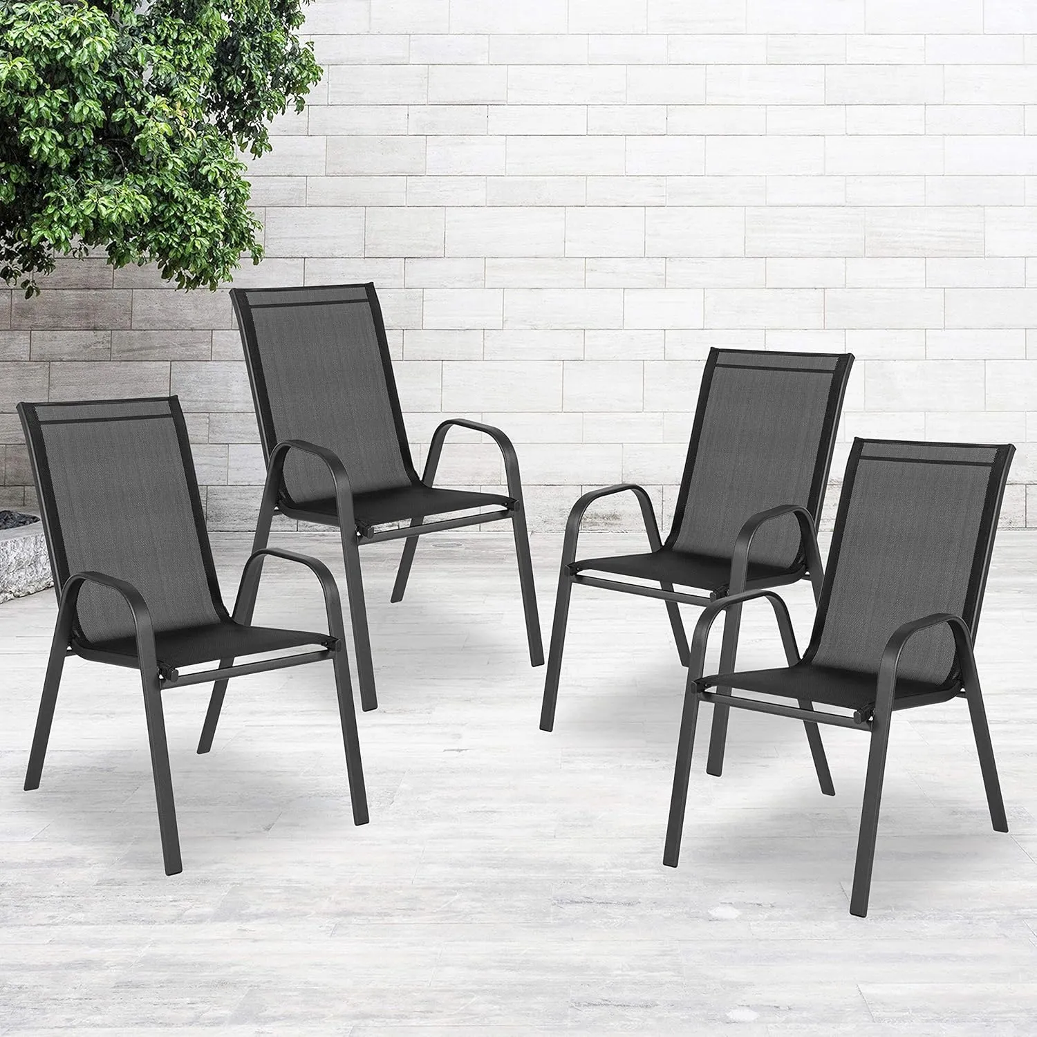 Flash Furniture Brazos Series Outdoor Stackable Patio Chairs with Flex Comfort Material, Stacking Outdoor Modern Sling Patio Chairs, Black (Pack of 4)