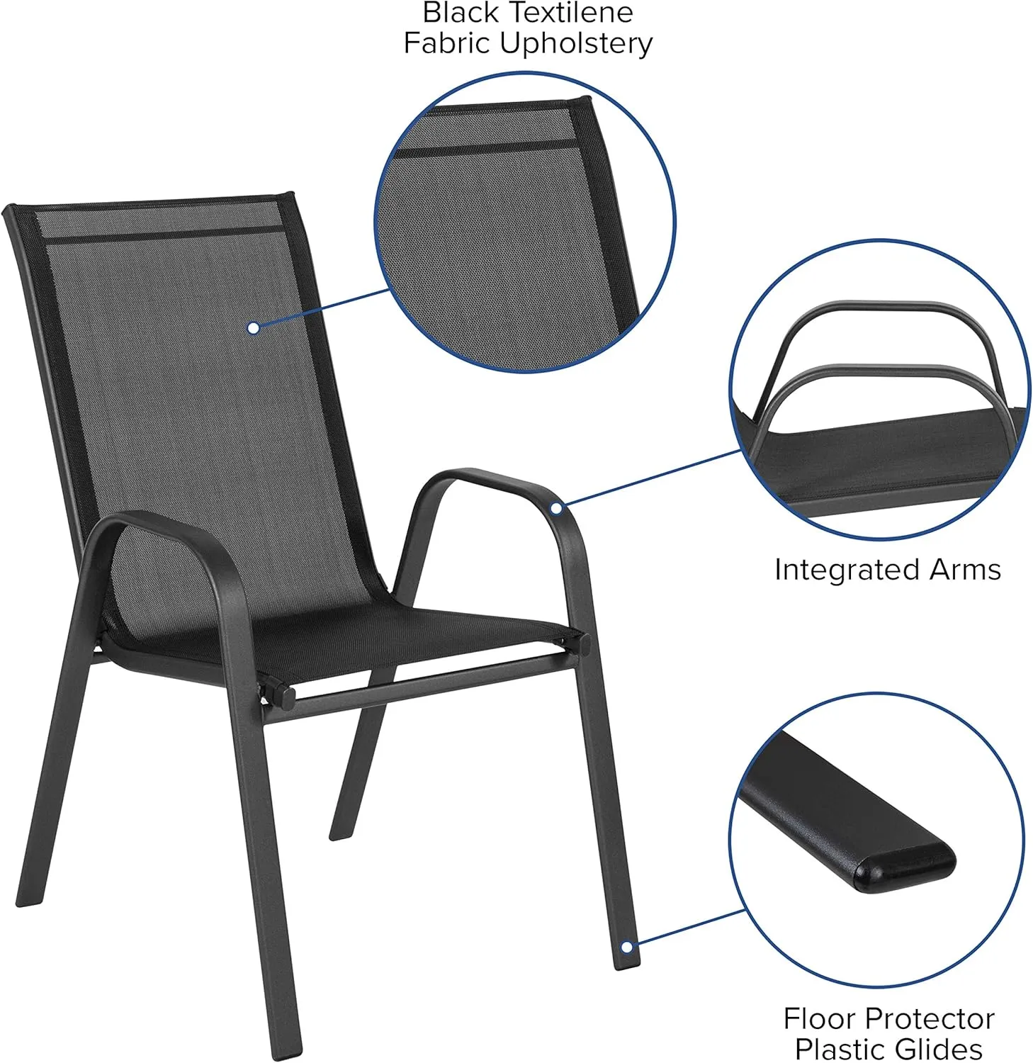 Flash Furniture Brazos Series Outdoor Stackable Patio Chairs with Flex Comfort Material, Stacking Outdoor Modern Sling Patio Chairs, Black (Pack of 4)