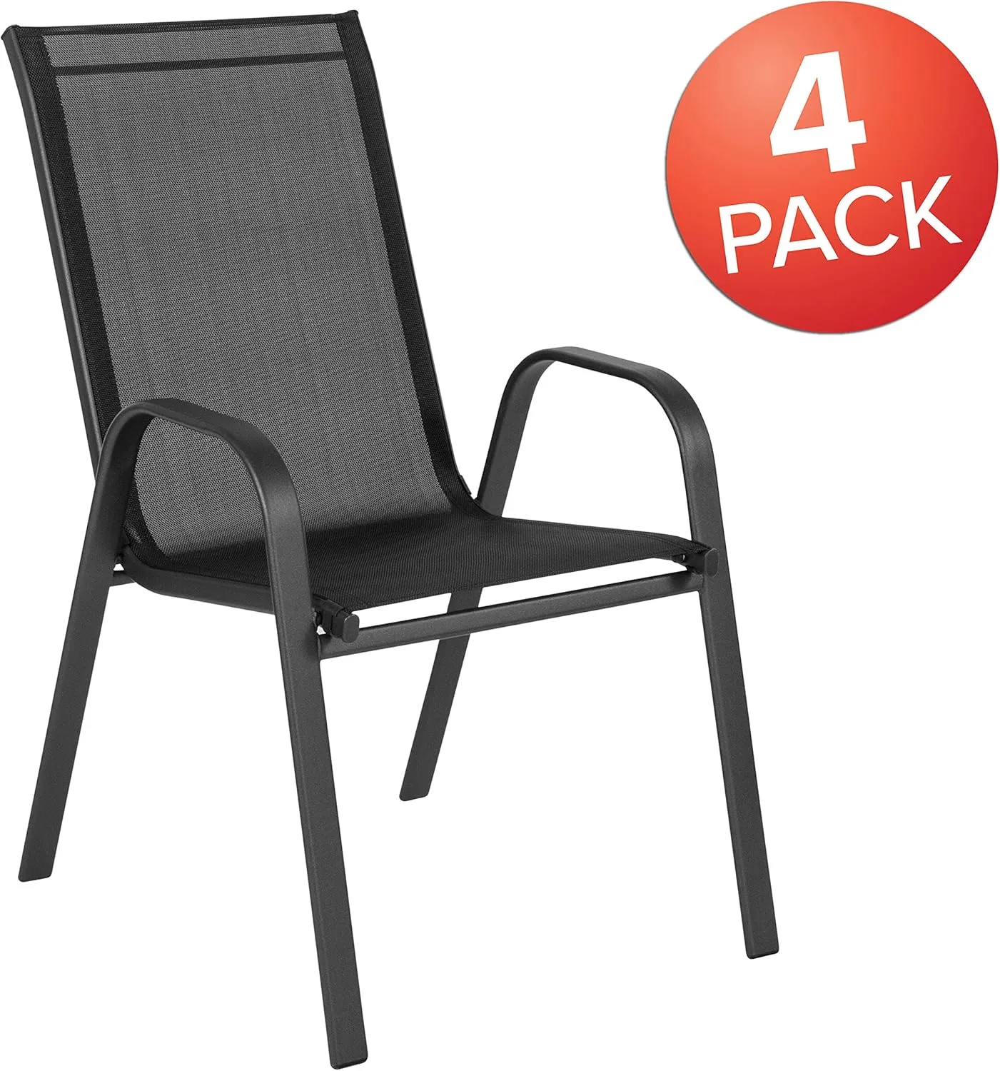 Flash Furniture Brazos Series Outdoor Stackable Patio Chairs with Flex Comfort Material, Stacking Outdoor Modern Sling Patio Chairs, Black (Pack of 4)