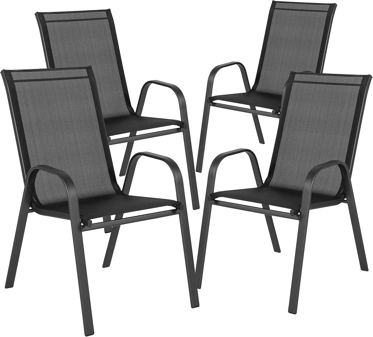Flash Furniture Brazos Series Outdoor Stackable Patio Chairs with Flex Comfort Material, Stacking Outdoor Modern Sling Patio Chairs, Black (Pack of 4)