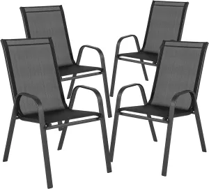 Flash Furniture Brazos Series Outdoor Stackable Patio Chairs with Flex Comfort Material, Stacking Outdoor Modern Sling Patio Chairs, Black (Pack of 4)