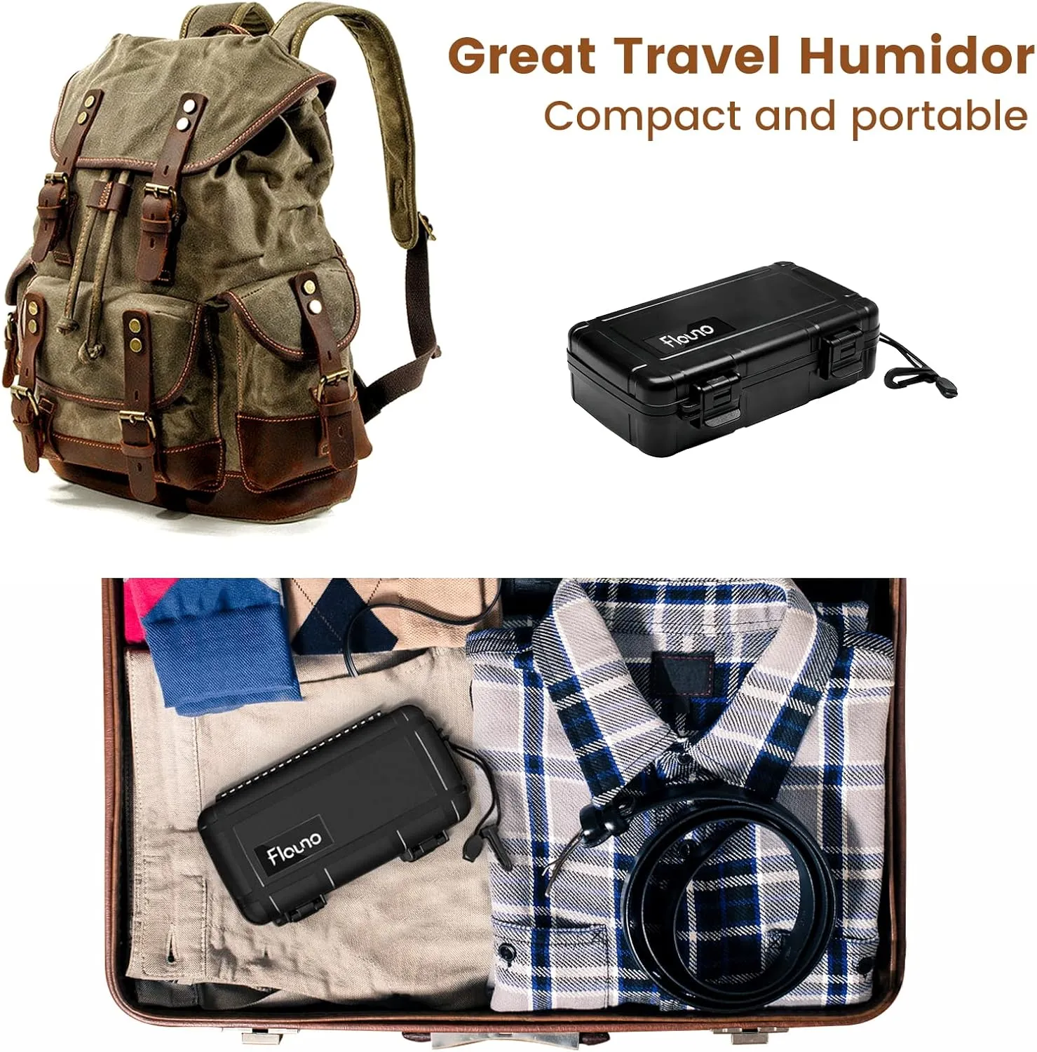 Flauno Travel Cigar Humidor Case - Portable Cigar Box with Humidifier Disc & Cigar Cutter | Waterproof | Airtight | Durable (Holds up to 10 Cigars)