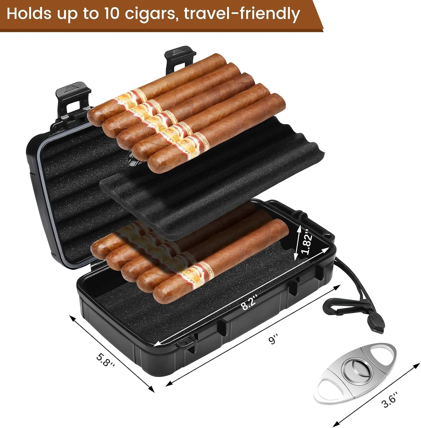 Flauno Travel Cigar Humidor Case - Portable Cigar Box with Humidifier Disc & Cigar Cutter | Waterproof | Airtight | Durable (Holds up to 10 Cigars)