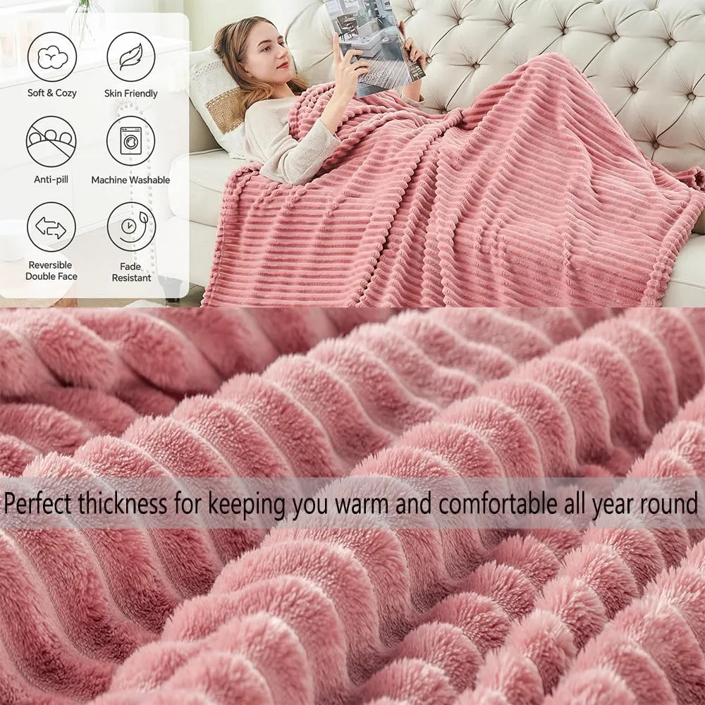 Fleece Throw Blanket for Couch Or Bed - 3D Stripe Jacquard Decorative Blankets - Cozy Soft Lightweight Fuzzy Flannel Blanket Suitable for All Seasons,B,Twin(60"x79")