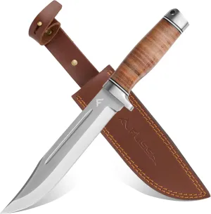 FLISSA 12-Inch Bowie Knife, Full-Tang Fixed Blade Hunting Knife with Leather Sheath, Leather Handle, 7CR17MOV Steel Sharp Blade and Lanyard Hole, for Camping, Hiking, Survival