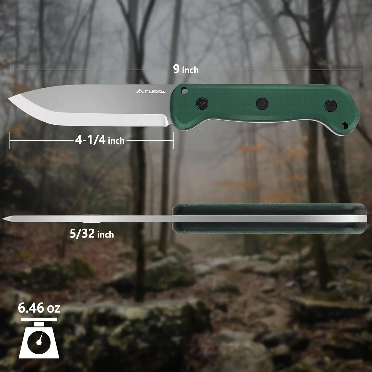 FLISSA 9" Fixed Blade Knife, D2 Steel Hunting Knife for Camping, Outdoor, Bushcraft and Survival, Micarta Handle, Leather Sheath Included, Christmas Gifts for Husband, Father, Friend