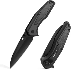 FLISSA Folding Pocket Knife, EDC Knife with SANDVIK 14C28N Steel Blade,Shredded Carbon Fiber Aluminium Combined Handle, Pocket Clip for Camping Hiking Outdoor(Black)